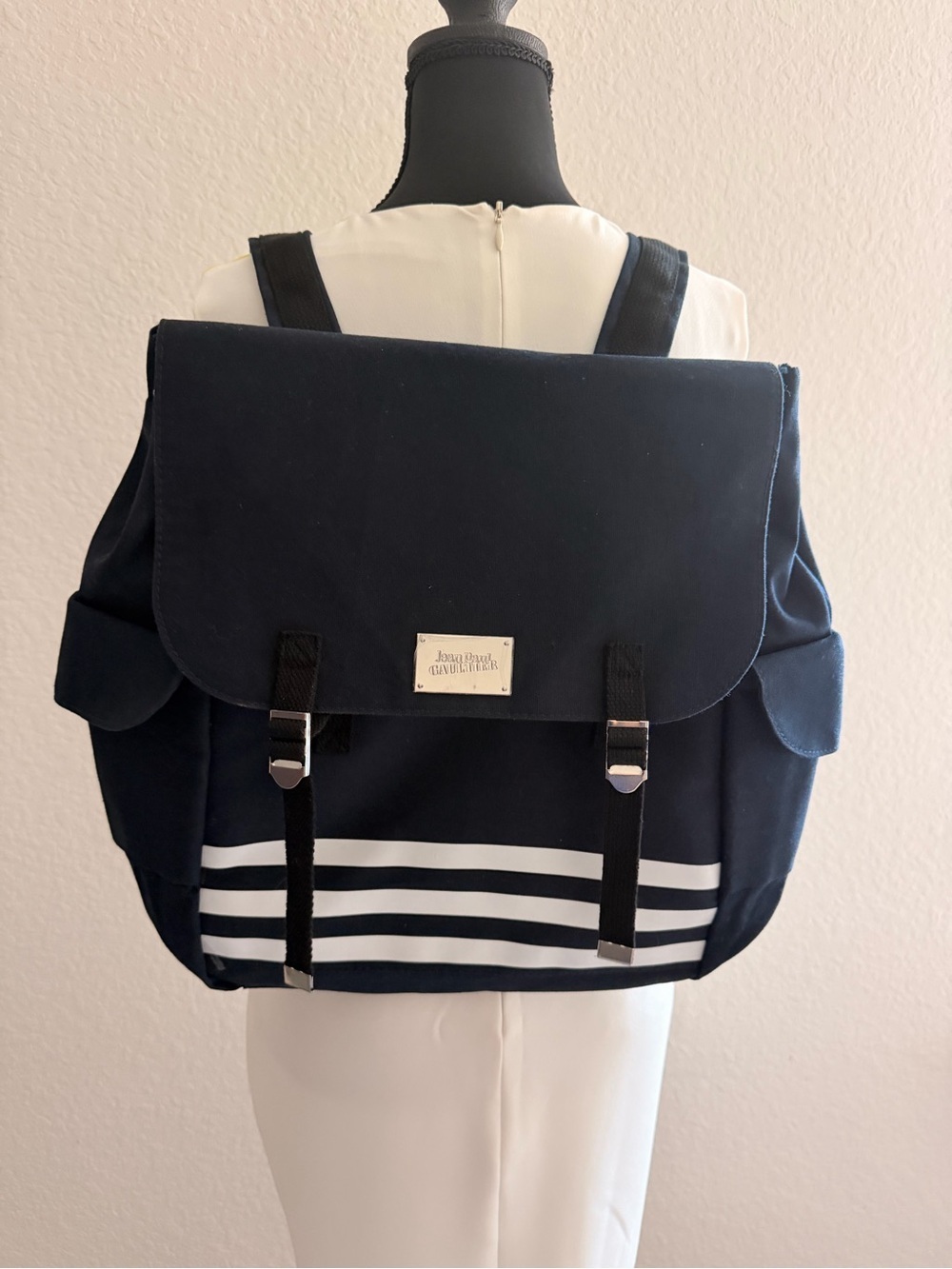 Jean Paul Gaultier Navy Canvas Backpack | White Stripe Designer Logo Bag